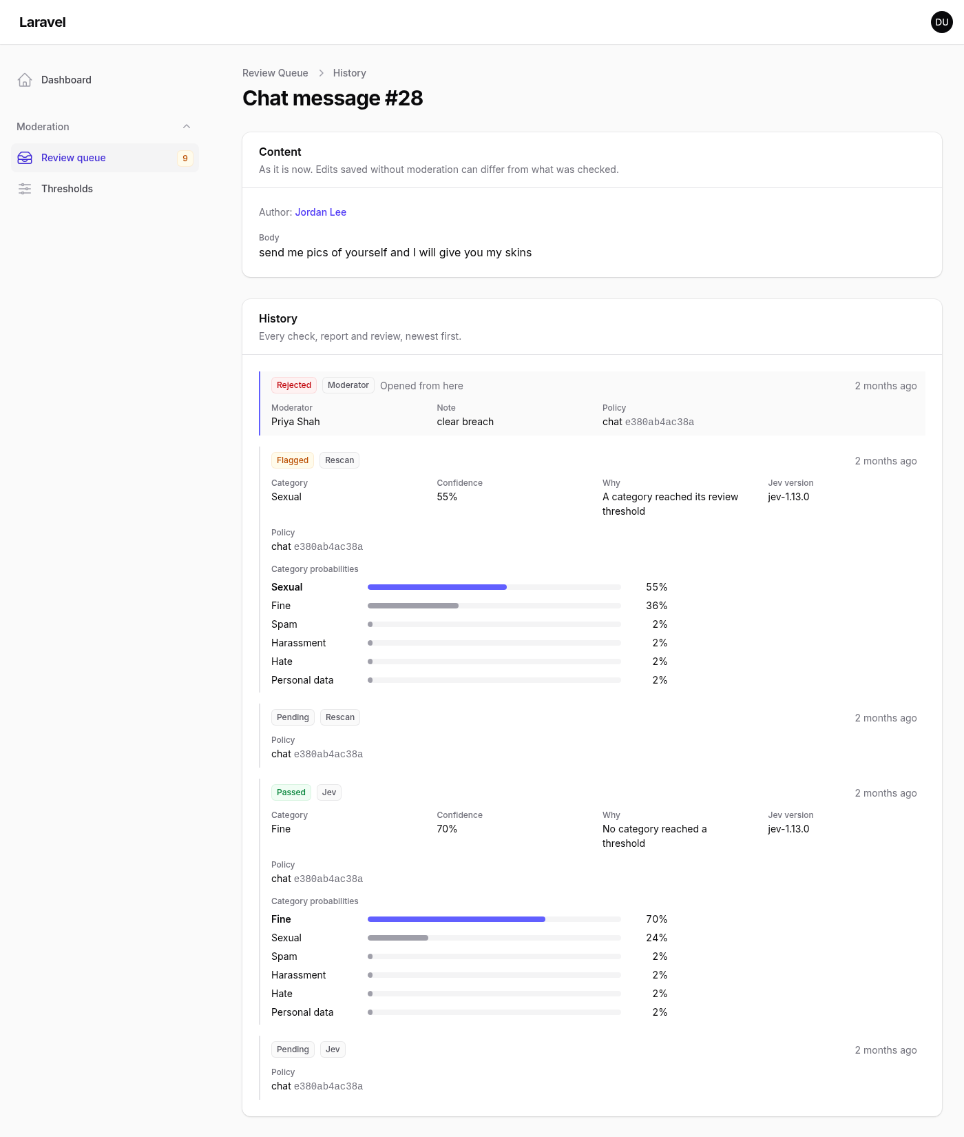 A chat message's history: content and author, then a moderator's rejection with a note, a rescan that flagged it for sexual content at 55% with every category's probability as a bar, the pending check, and the original pass.