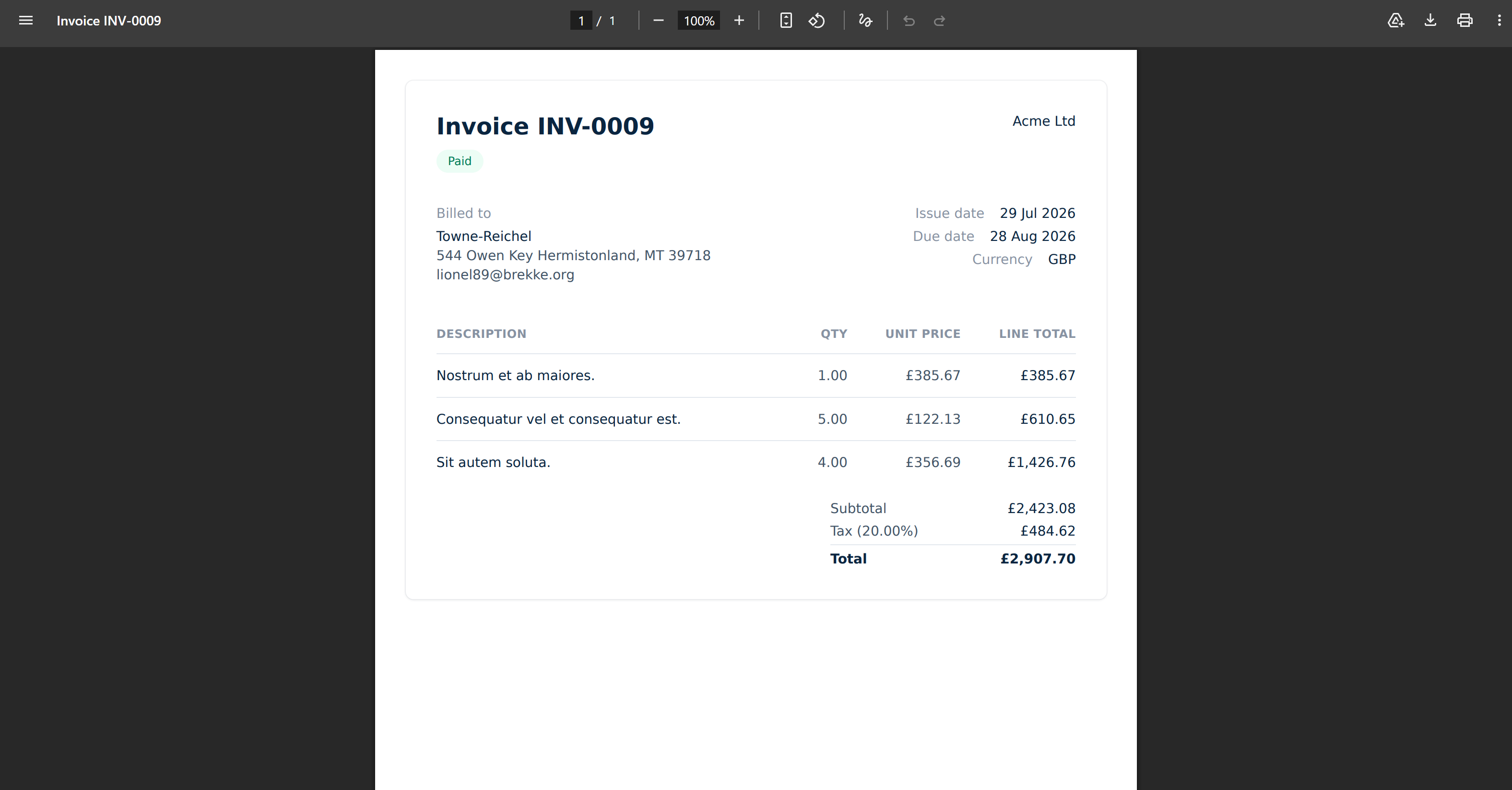 Rendered invoice PDF screenshot